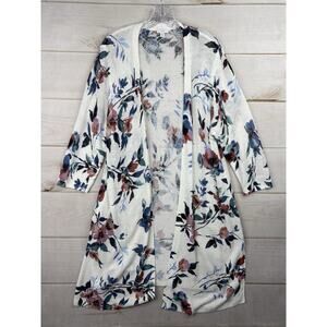 J Jill Cardigan Womens XLP Linen Blend White Floral Boho Tunic Open Knit Relaxed